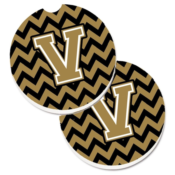 Carolines Treasures Letter V Chevron Black and Gold Set of 2 Cup Holder Car Coaster CJ1050-VCARC - main